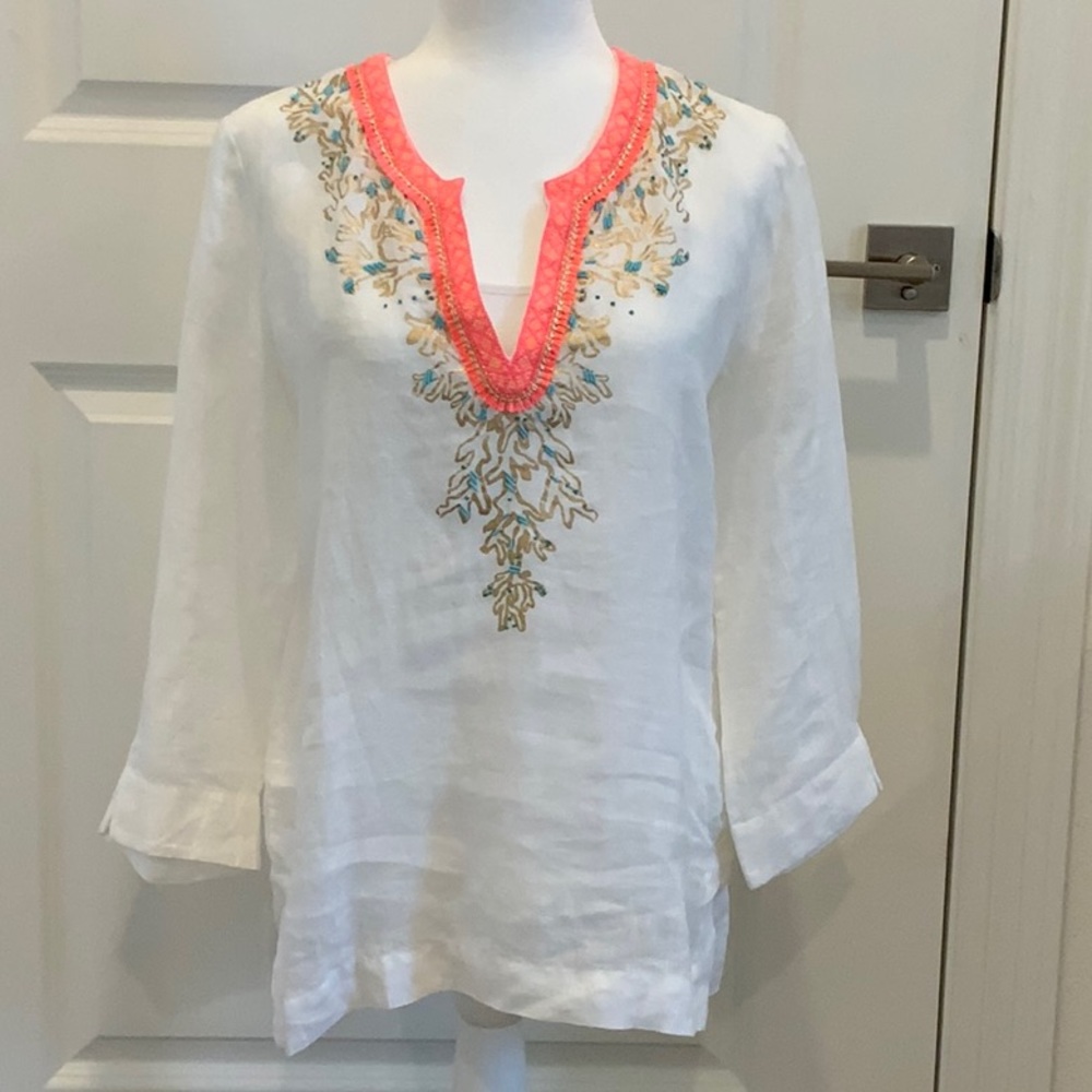 Lilly Pulitzer White Linen Tunic with Coral Trim & Multicolor Embroidery